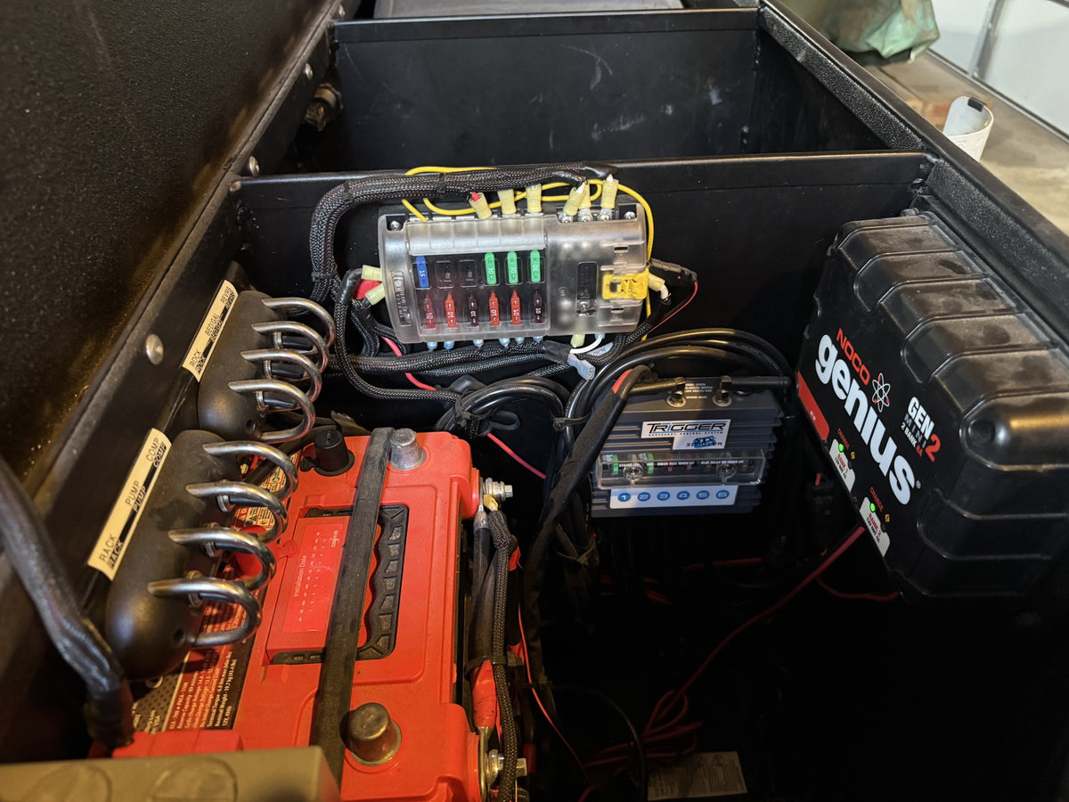 Close view of the battery bank, labelled fuse panel and 12V distribution wiring — photo 27