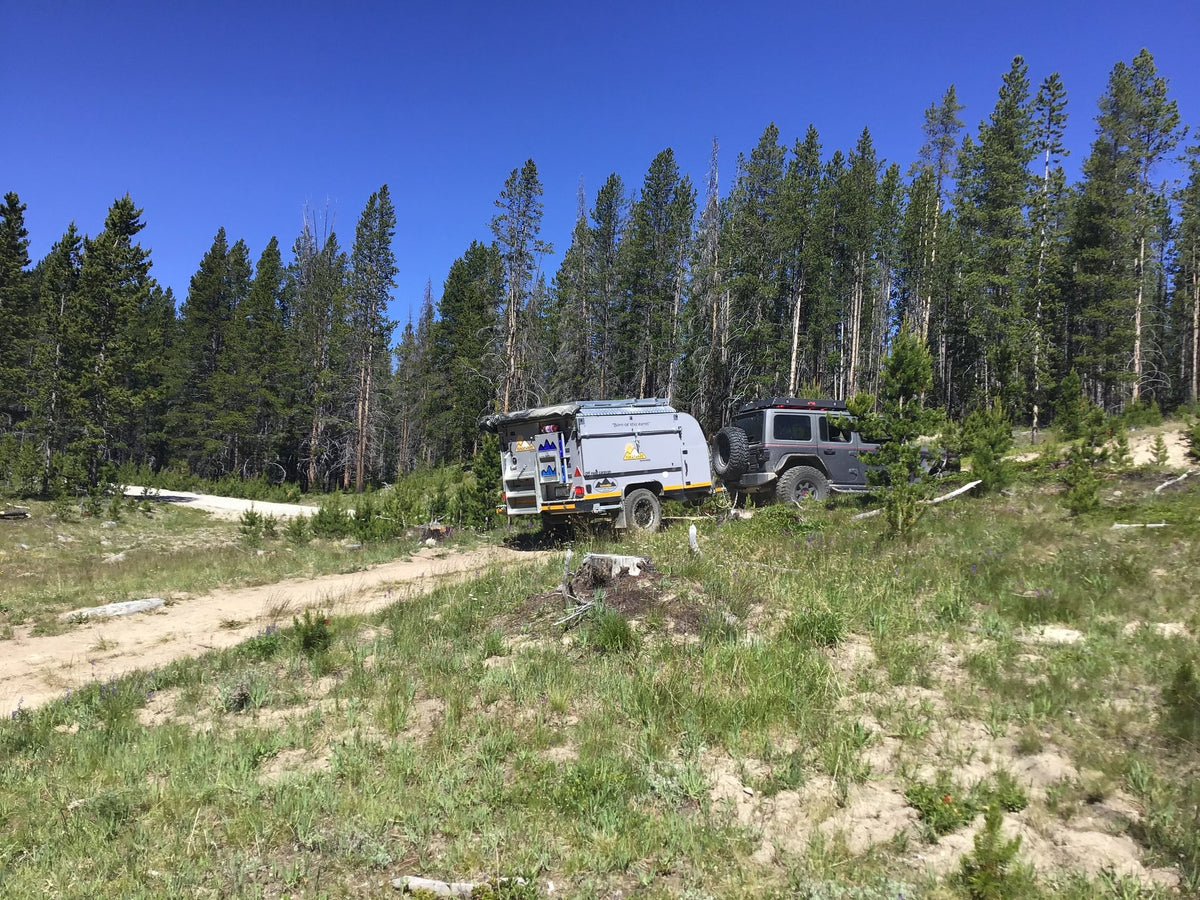 The Sundowner parked among lodgepole pines on a forest two-track with the galley side hatch open and the Jeep tow rig alongside, under clear blue sky — photo 2