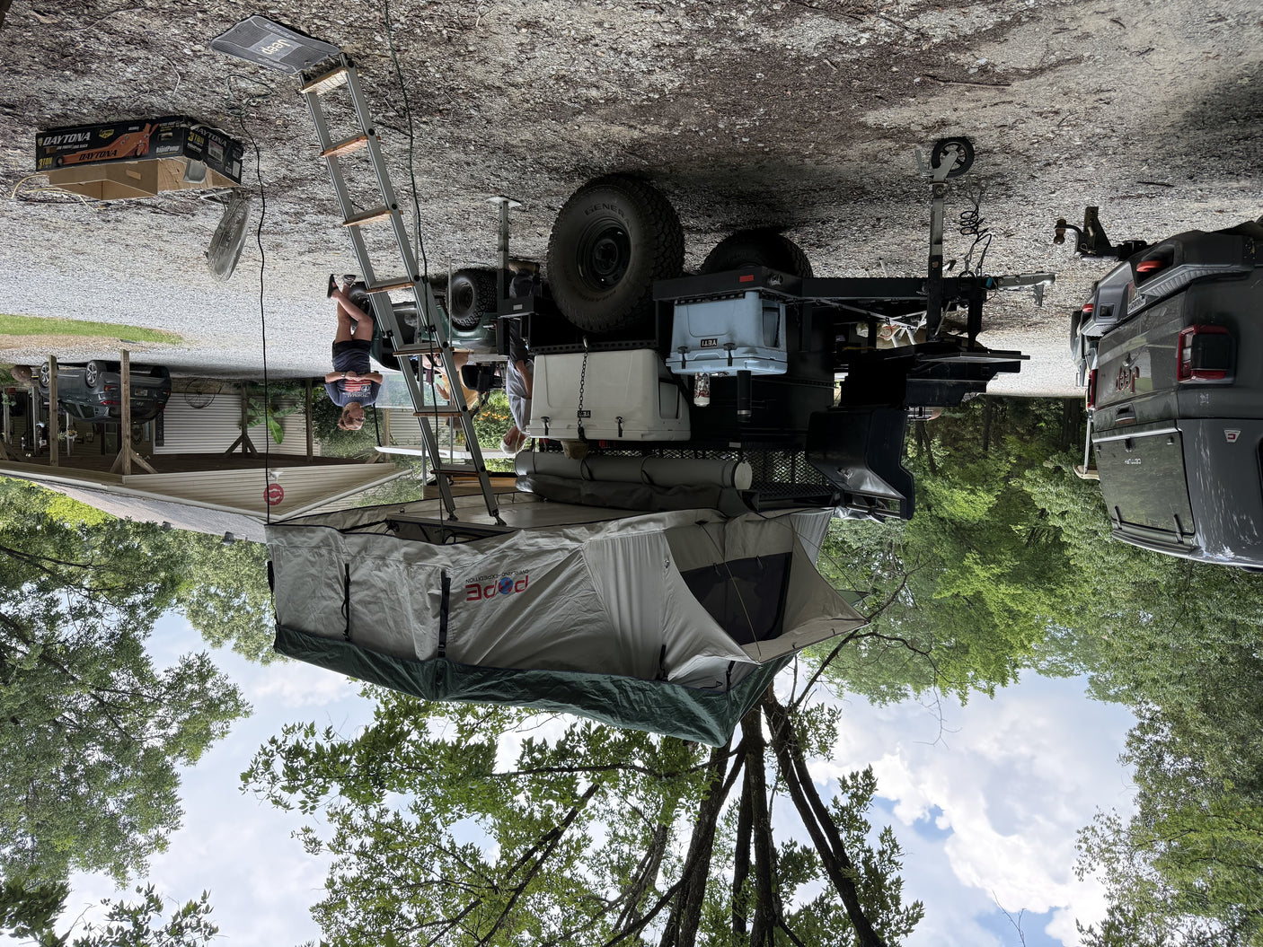 The Pope rooftop tent and awning set up at camp