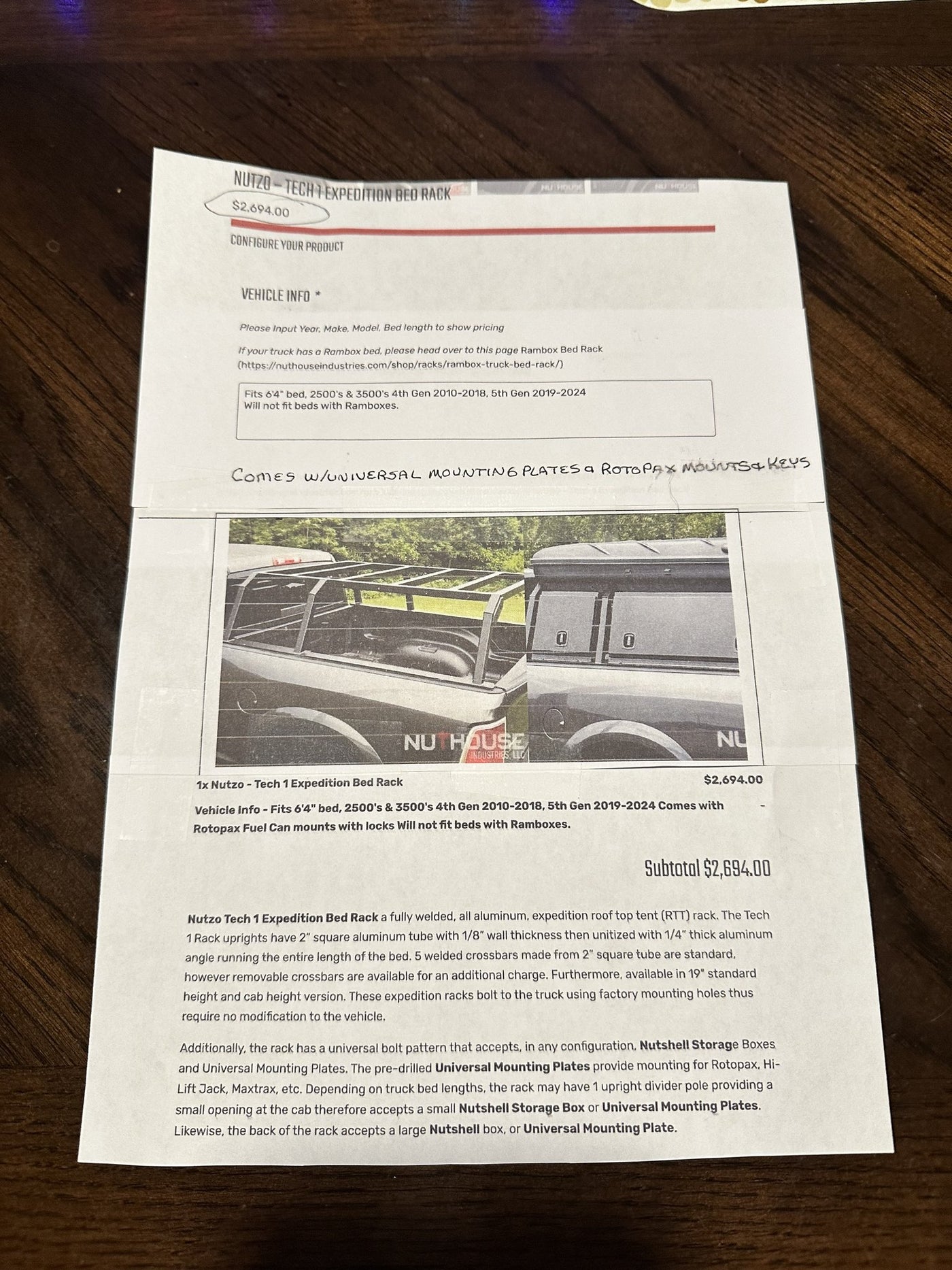 The original Nuthouse Industries order sheet for the Nutzo Tech 1 Expedition Bed Rack listing the fitment and the universal mounting plates and Rotopax mounts with keys — photo 6