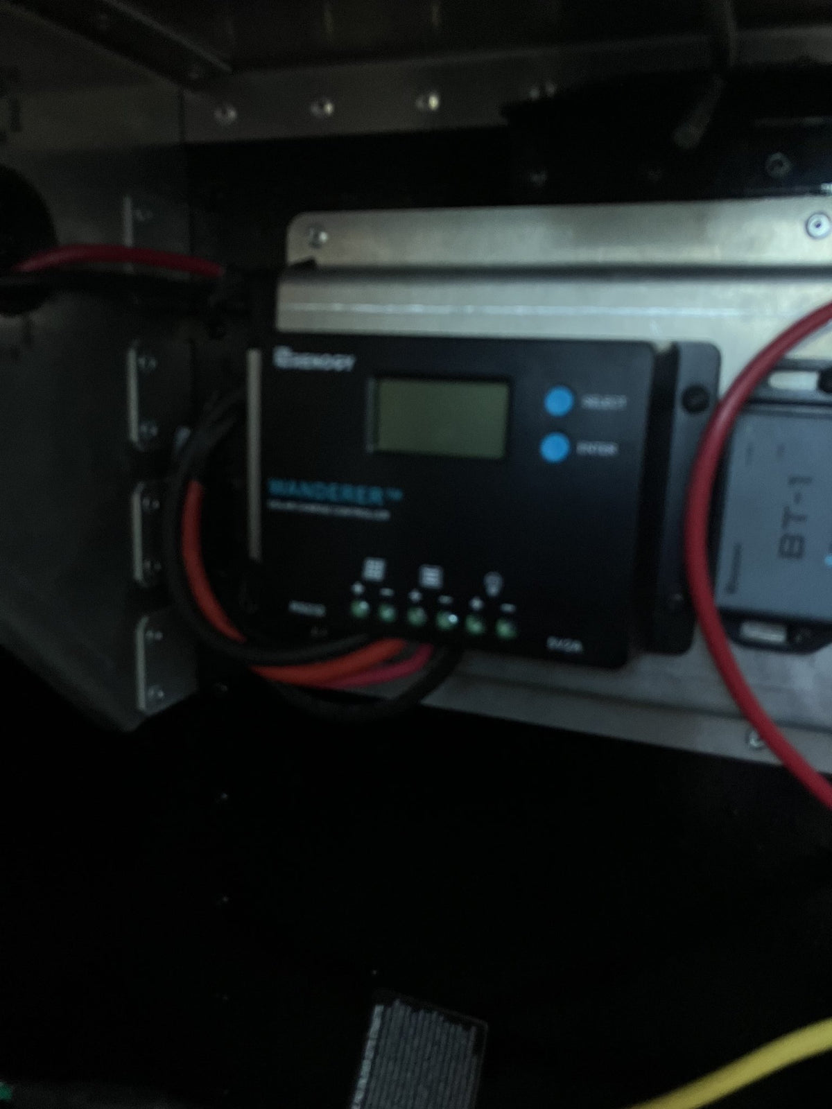 Renogy solar charge controller with a BT-1 Bluetooth module in the electrical bay of the 2023 Mammoth Overland ELE, wired to the battery bank — photo 10