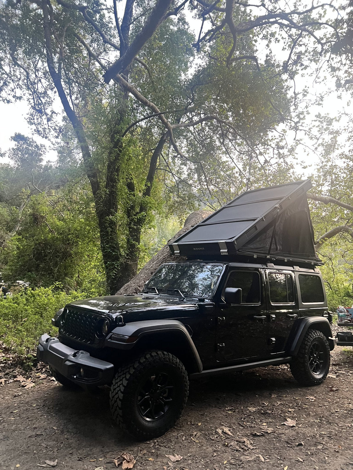 Side view of the BDV Duo fully deployed under a large tree, showing the full length of the opened canopy, the zippered window panels and the hardshell base on the rack — photo 3