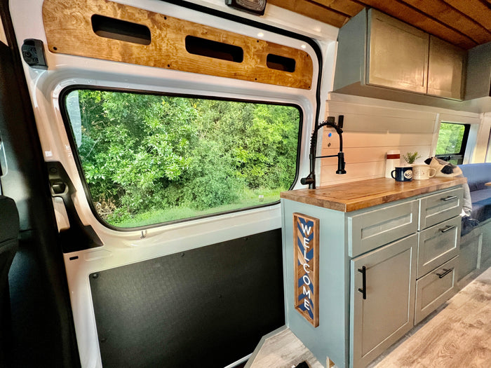 and clear road view.|Interior of a Mercedes-Benz RV rental