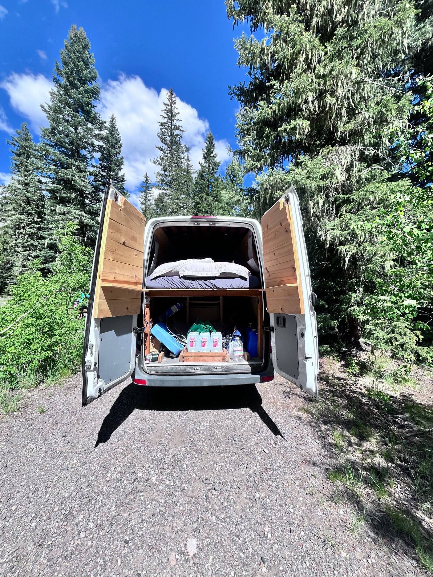 RV rental van's back open, showcasing a comfy bed, storage, and wooden interior amidst tall trees and blue sky.