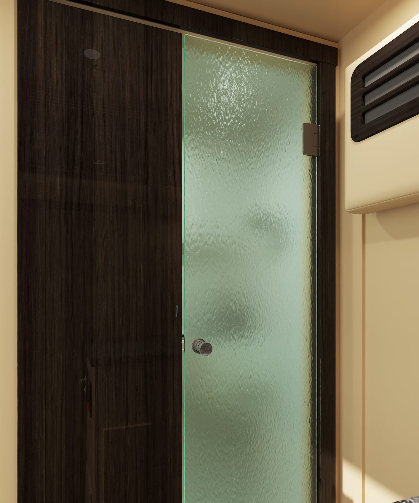 and a large TV showing football.|Luxury RV rental interior with cream quilted leather seats