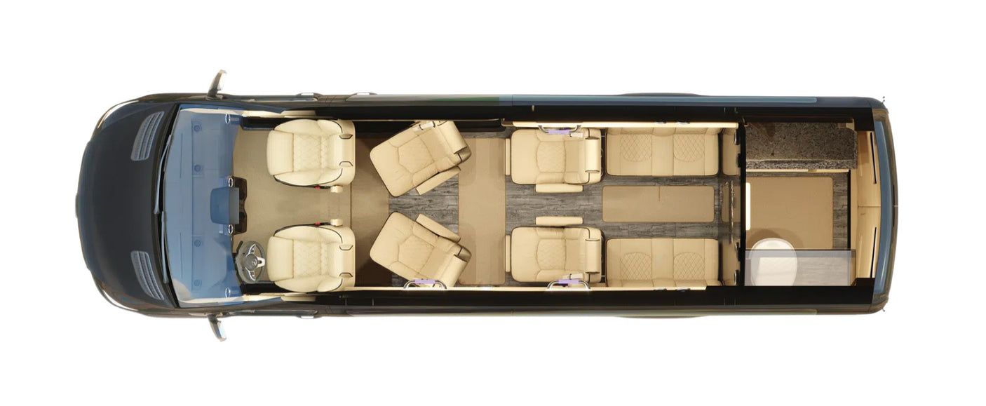Overhead view of a luxury RV rental interior with multiple seating areas and a rear bathroom.