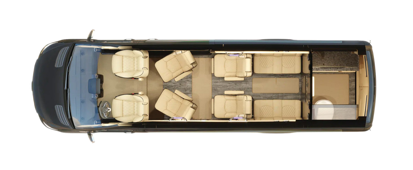 Overhead view of a luxury RV rental interior with multiple seating areas and a rear bathroom.
