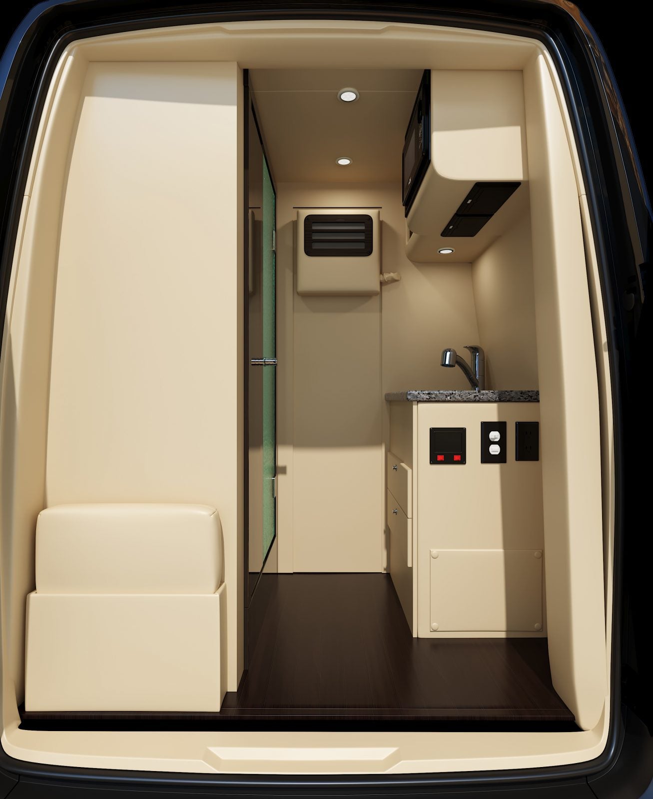 and entertainment systems for ultimate comfort.|Inside a Mercedes RV rental: panoramic dashboard view with steering wheel