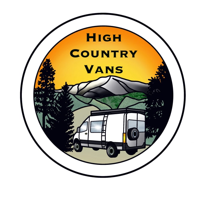 High Country Vans logo: camper van RV rental for mountain adventures, depicted with trees & sunset. — photo 9