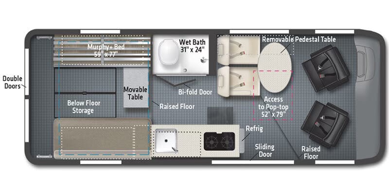 This RV rental floor plan details a compact interior with a Murphy bed, wet bath, kitchen, seating, and pop-top access.
