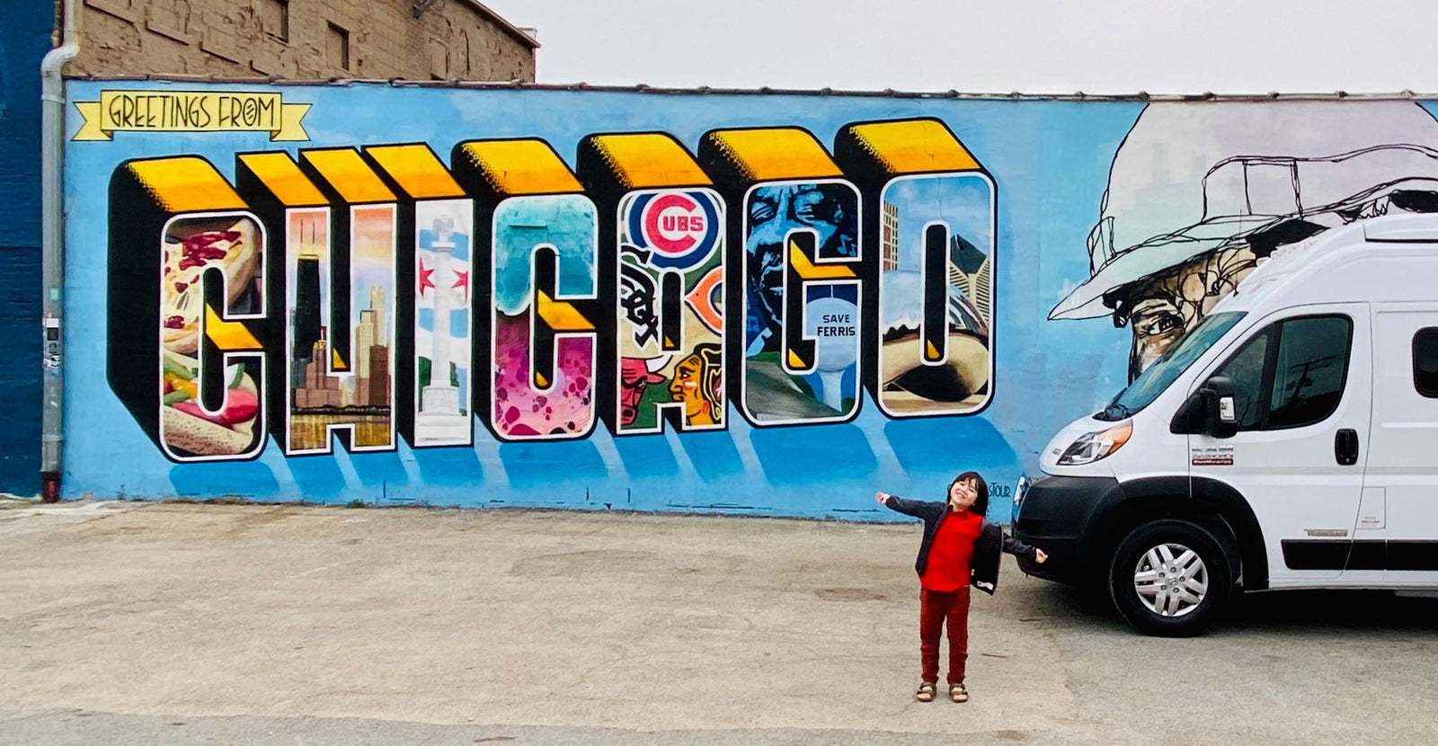 A child poses excitedly before a colorful 'Greetings from Chicago' mural. A white RV rental is parked nearby for their family travels.|Night shot of a white Winnebago Solis camper van (RAM 3500) with a pop-top roof