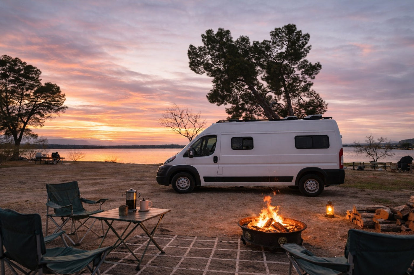 Experience lakeside rv rental camping. Van life at sunset with a warm campfire — photo 1