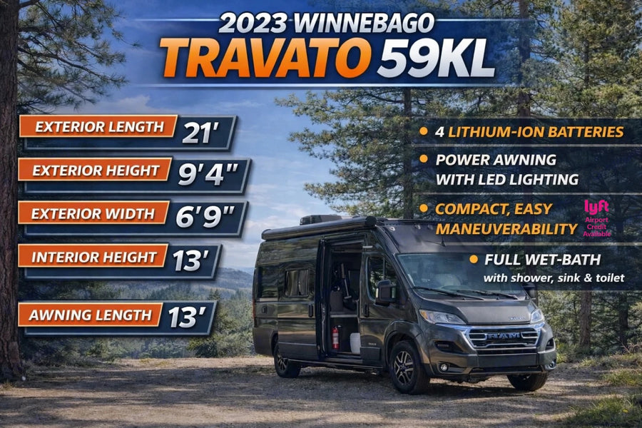 2023 Winnebago Travato 59KL RV rental shown in nature, highlighting its compact size, features & full dimensions.