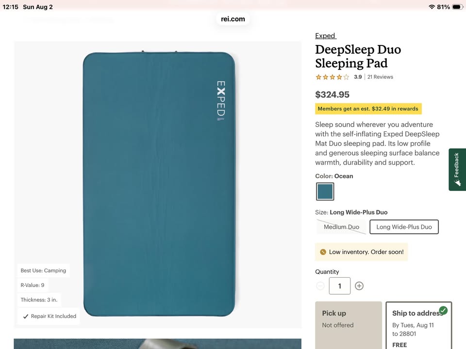 Exped DeepSleep Duo sleeping pad. Long Wide-Plus Duo in Knoxville, TN (photo 2) — photo 2