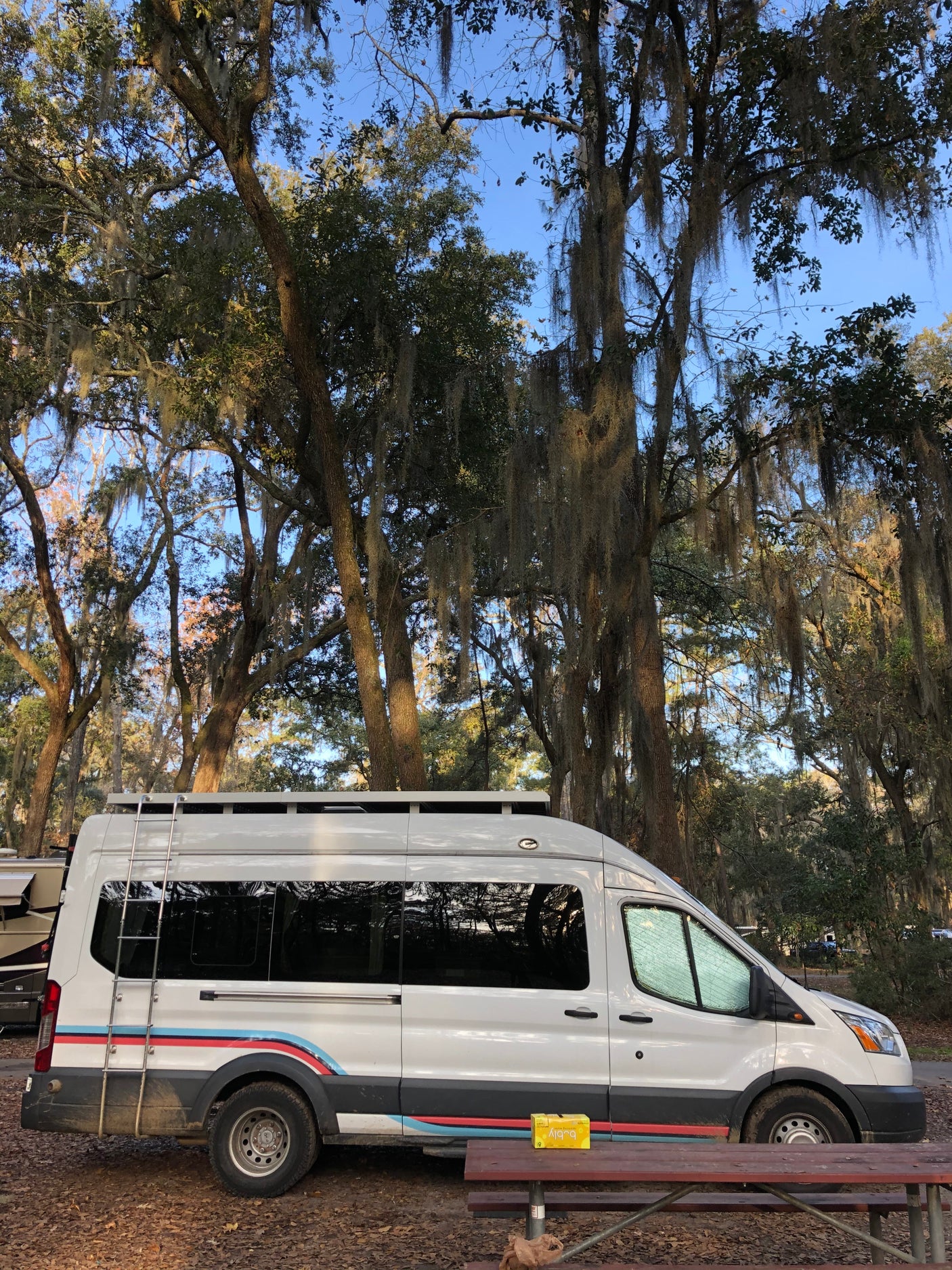 White RV rental van parked at a mossy campground, picnic table & Bubly box visible. Perfect for nature adventures.