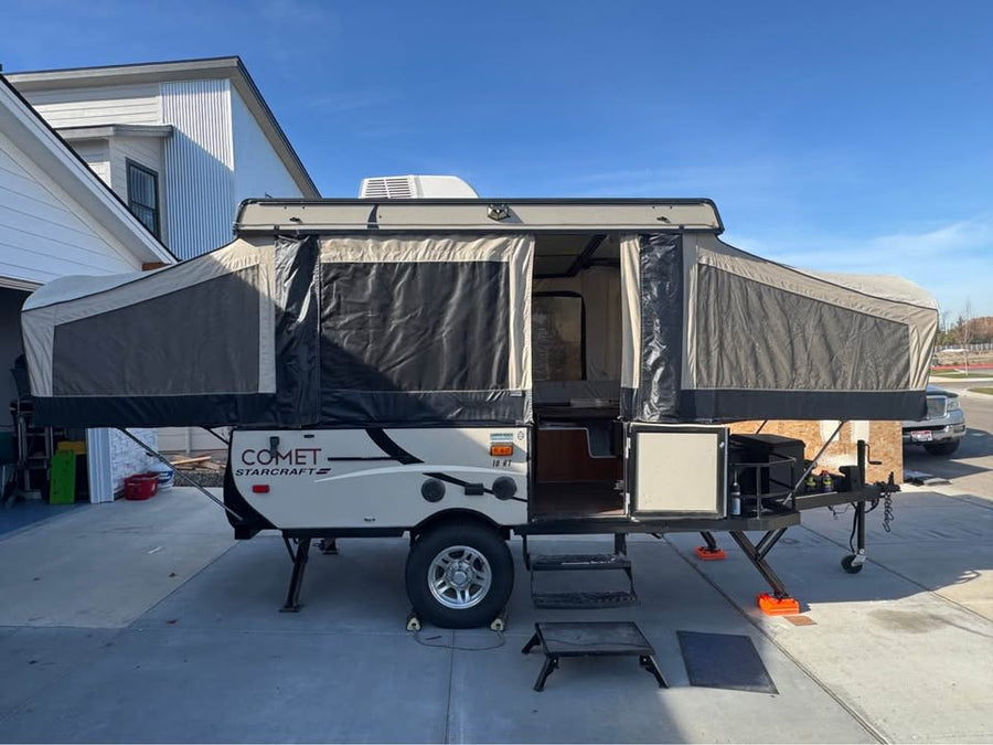 Fully set up pop-up camper