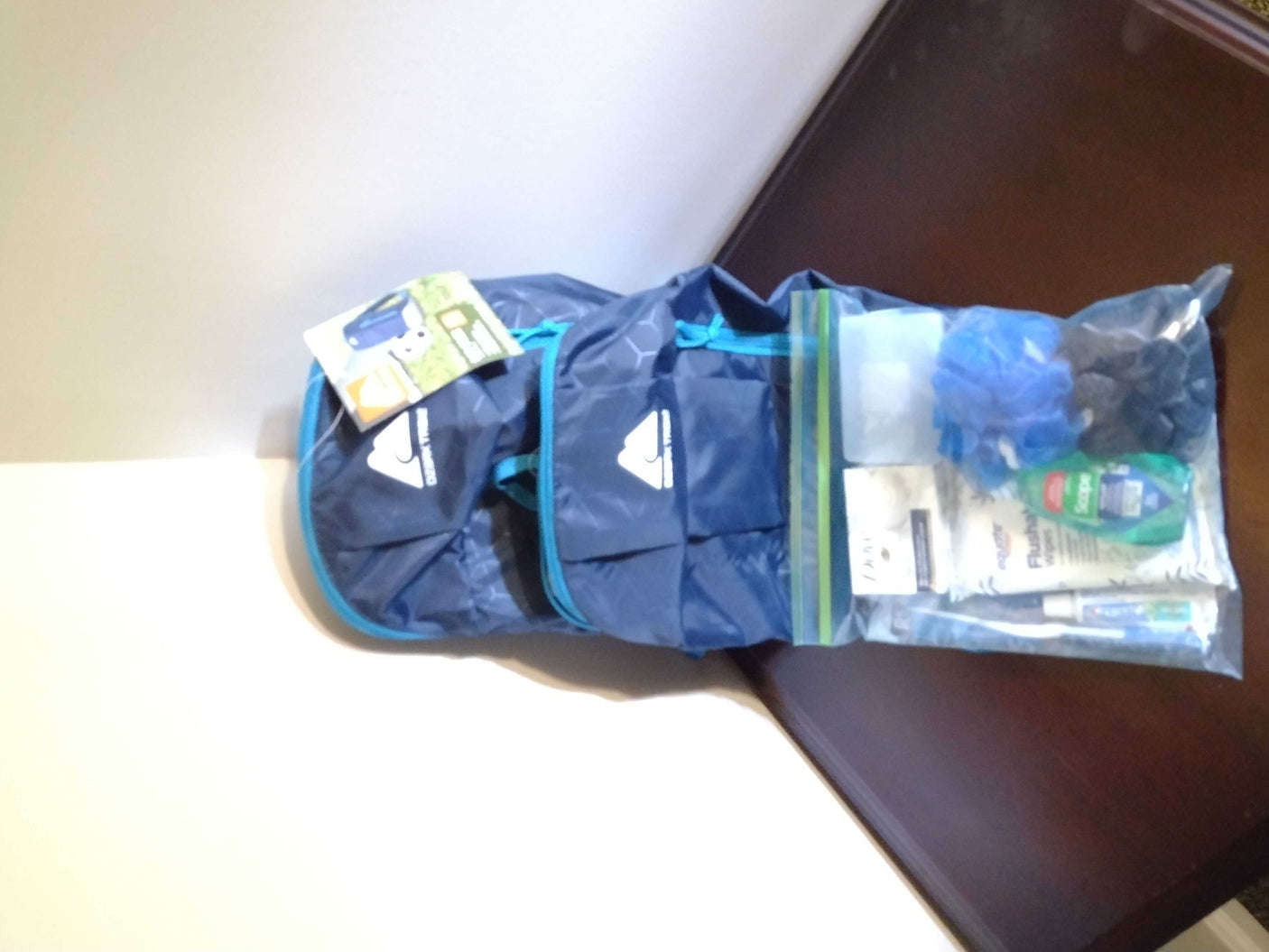 RV rental ready: Blue Ozark Trail bag and clear bag of toiletries including mouthwash, wipes, and bath pouf.