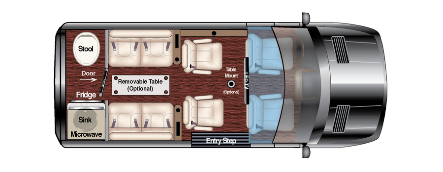 RV rental interior layout. Overhead plan details seating, kitchen (fridge, sink, microwave), optional table, and TV.