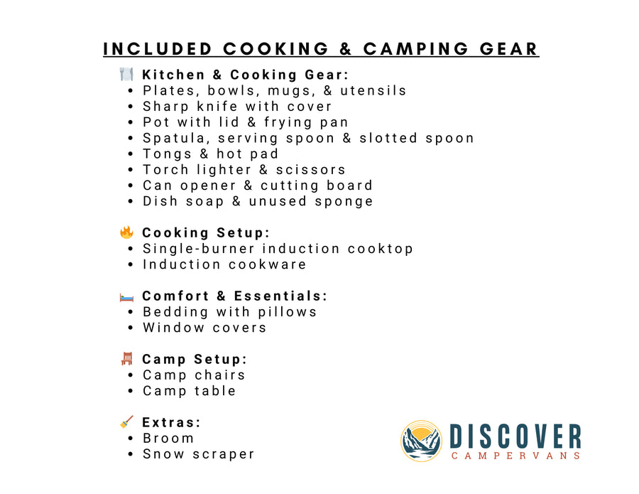 Essential gear for your RV rental: kitchen & cooking tools, camp setup, comfort items, and extras are included.
