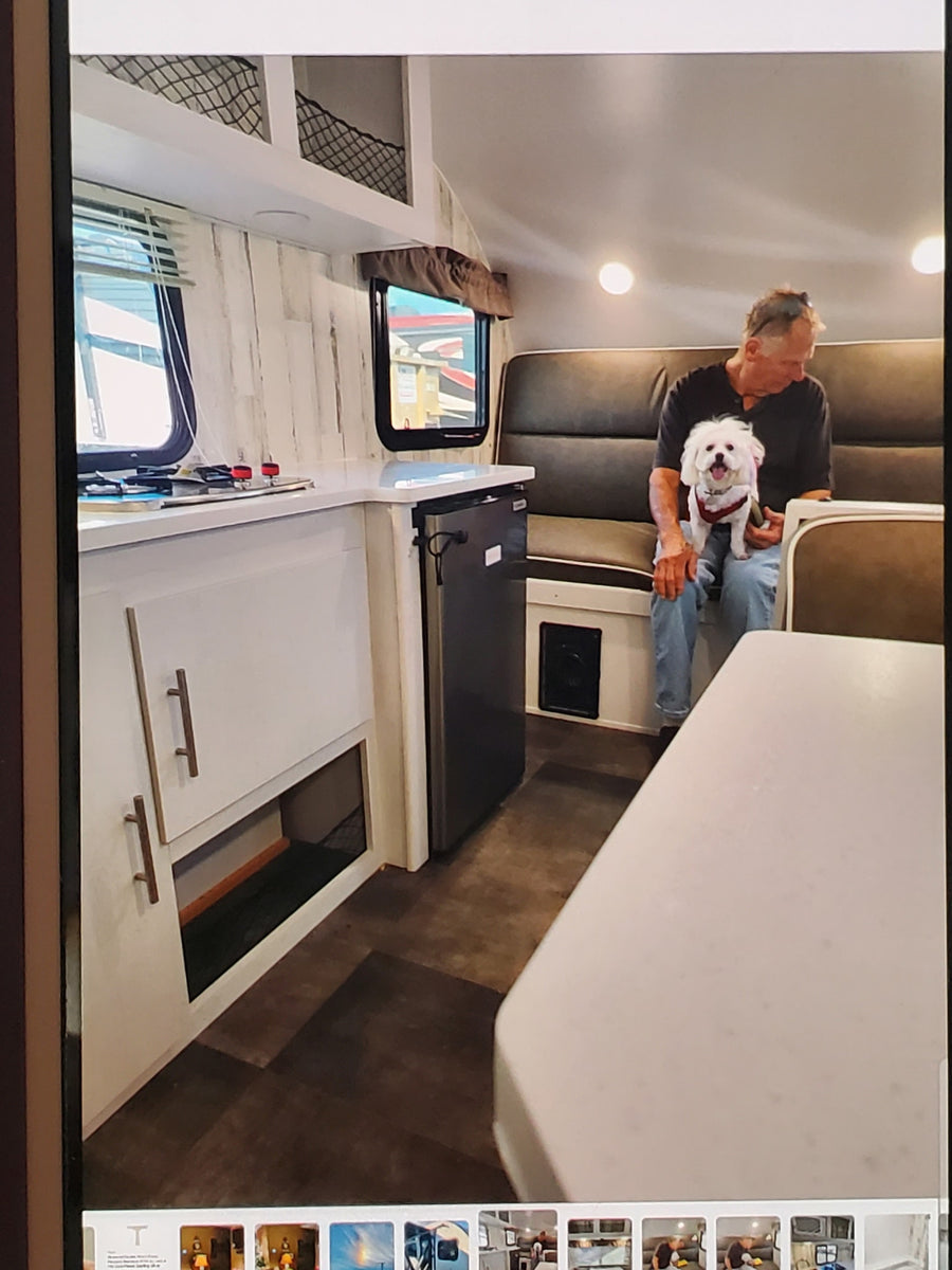 RV rental: Man and dog in a compact dinette with kitchen counter, fridge, and overhead storage.