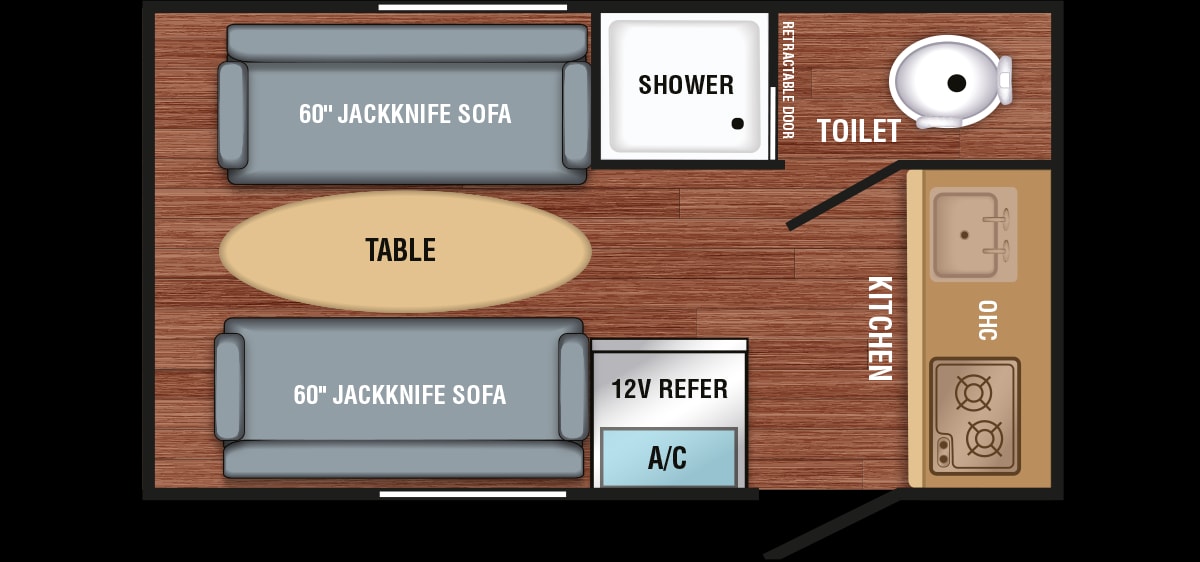 RV rental floor plan: Compact interior features two jackknife sofas, a table, kitchen, shower, toilet, and A/C unit.