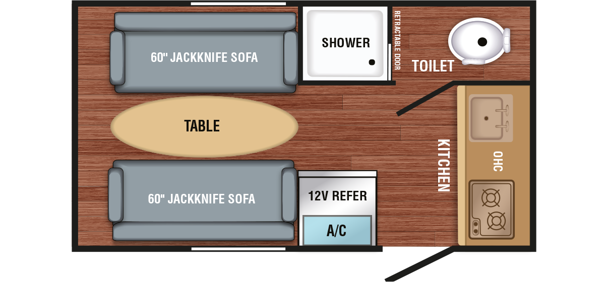 RV rental floor plan: Compact interior features two jackknife sofas, a table, kitchen, shower, toilet, and A/C unit.