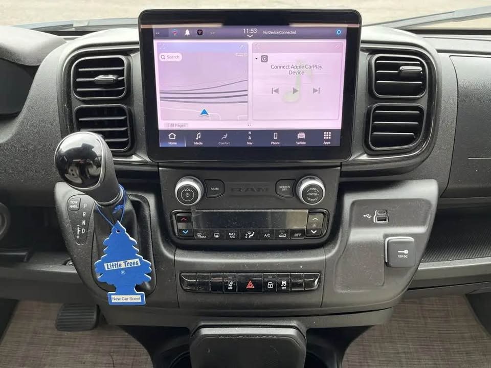ideal for your next rv rental. Features rooftop AC and tinted windows.|Open rear doors of an RV rental show a compact interior with a shower