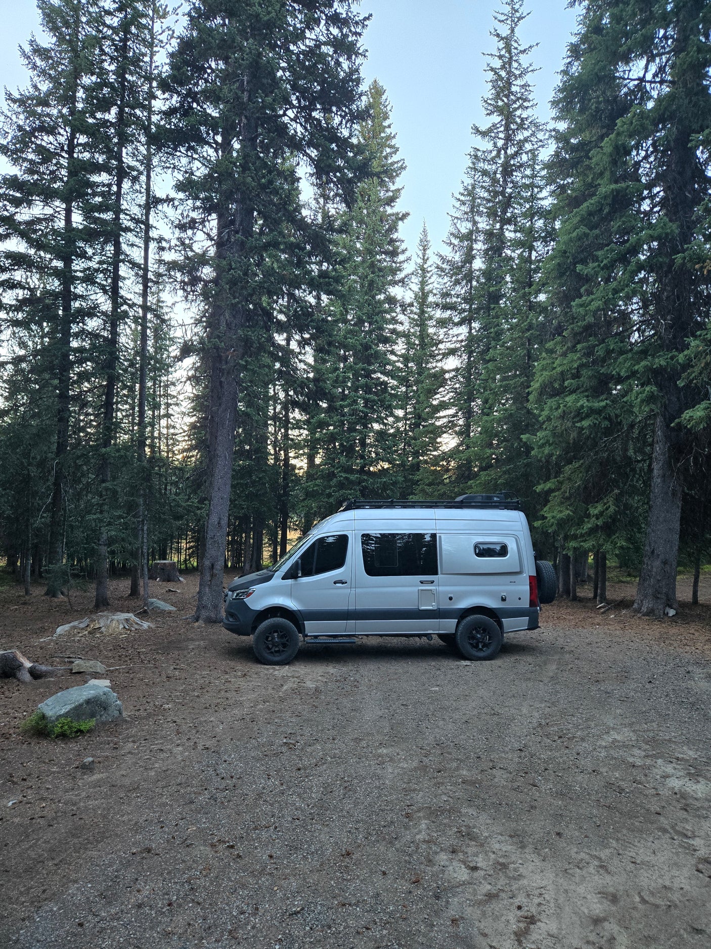 Silver camper van, perfect for an RV rental adventure, parked in a serene forest campsite. Explore the wilderness!