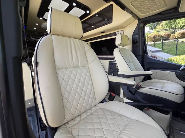 and a shower.|This luxury RV rental boasts a spacious interior with plush