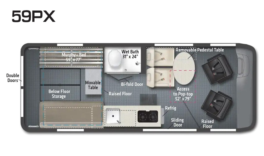 This detailed 59PX RV rental floor plan shows a Murphy bed, wet bath, kitchen, dining area, and pop-top access.