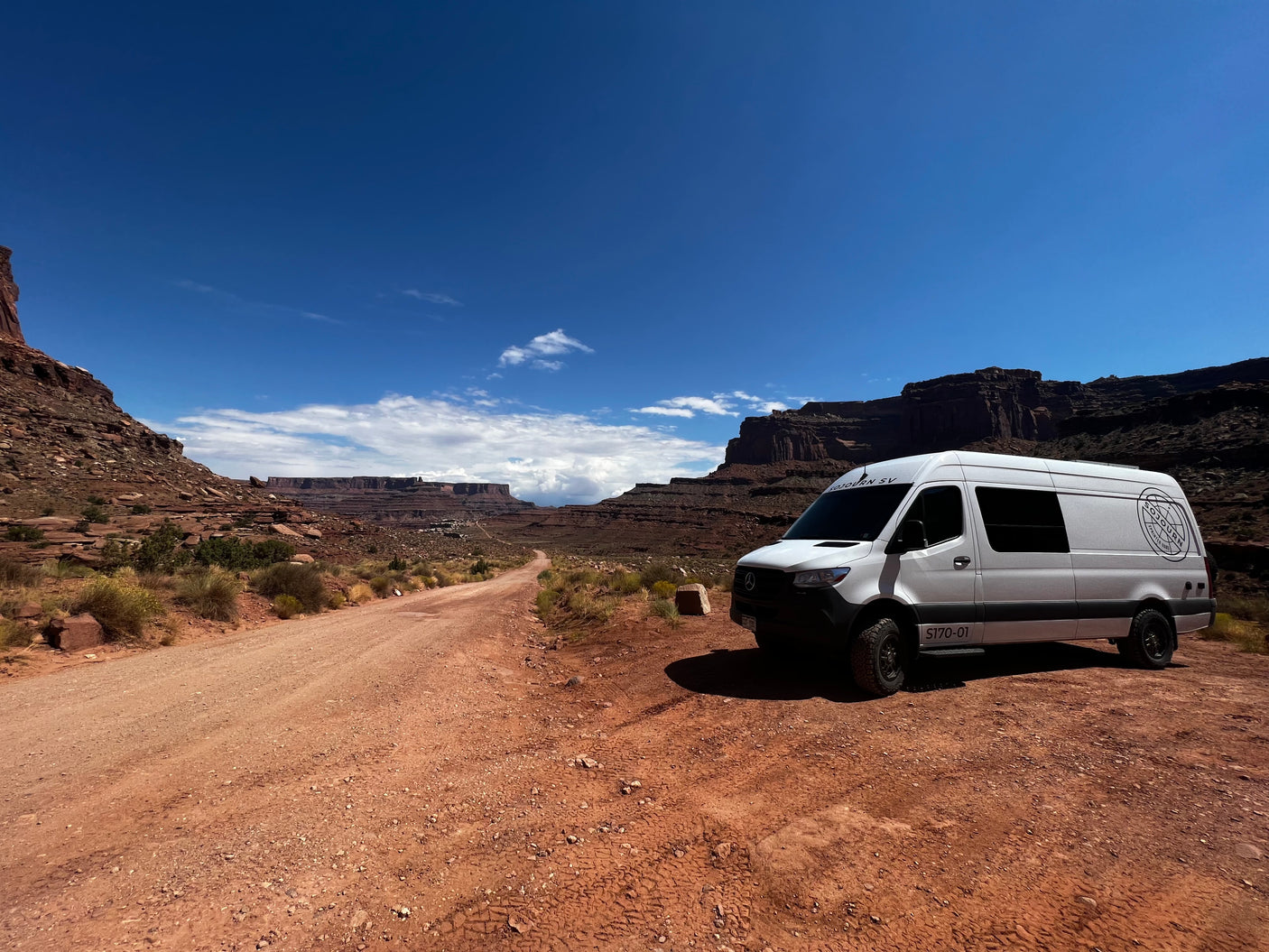 Adventure-ready RV rental Sprinter van on a red dirt road in a vast desert canyon landscape under a blue sky.