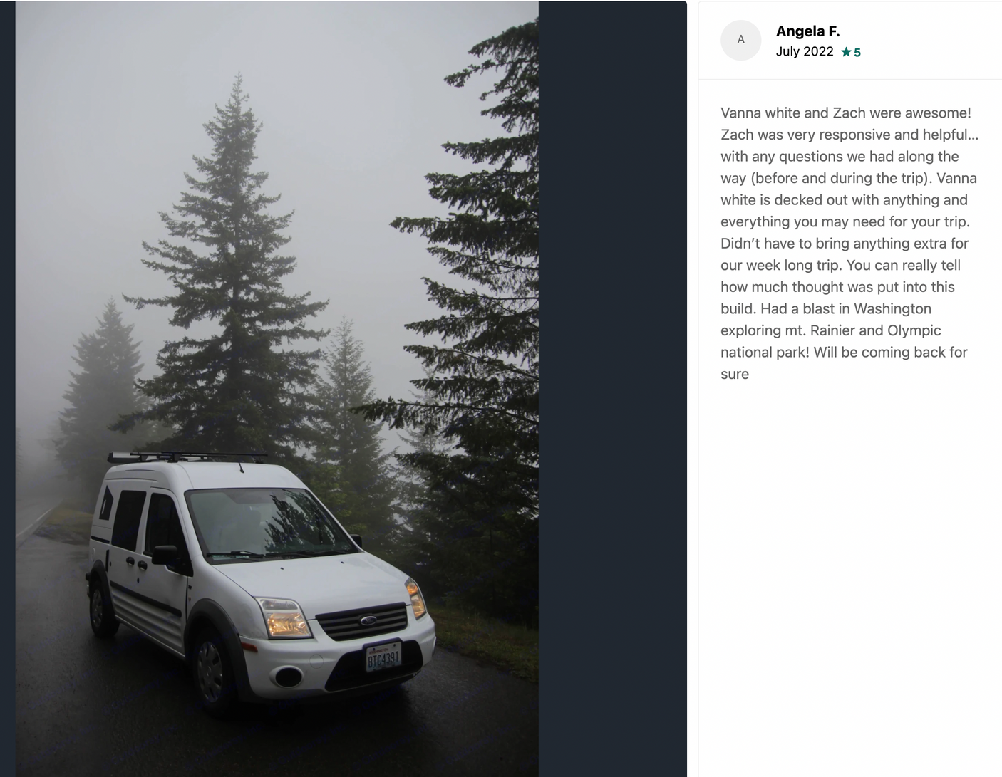 White Ford camper van RV rental on a misty forest road, perfect for exploring Washington's parks.