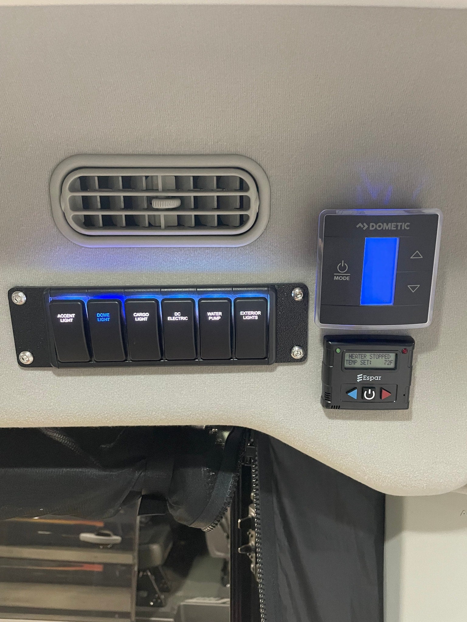 RV rental control panel: Dometic & Espar units, switches for lights (dome light on), water pump, DC electric. Heater set 72F.