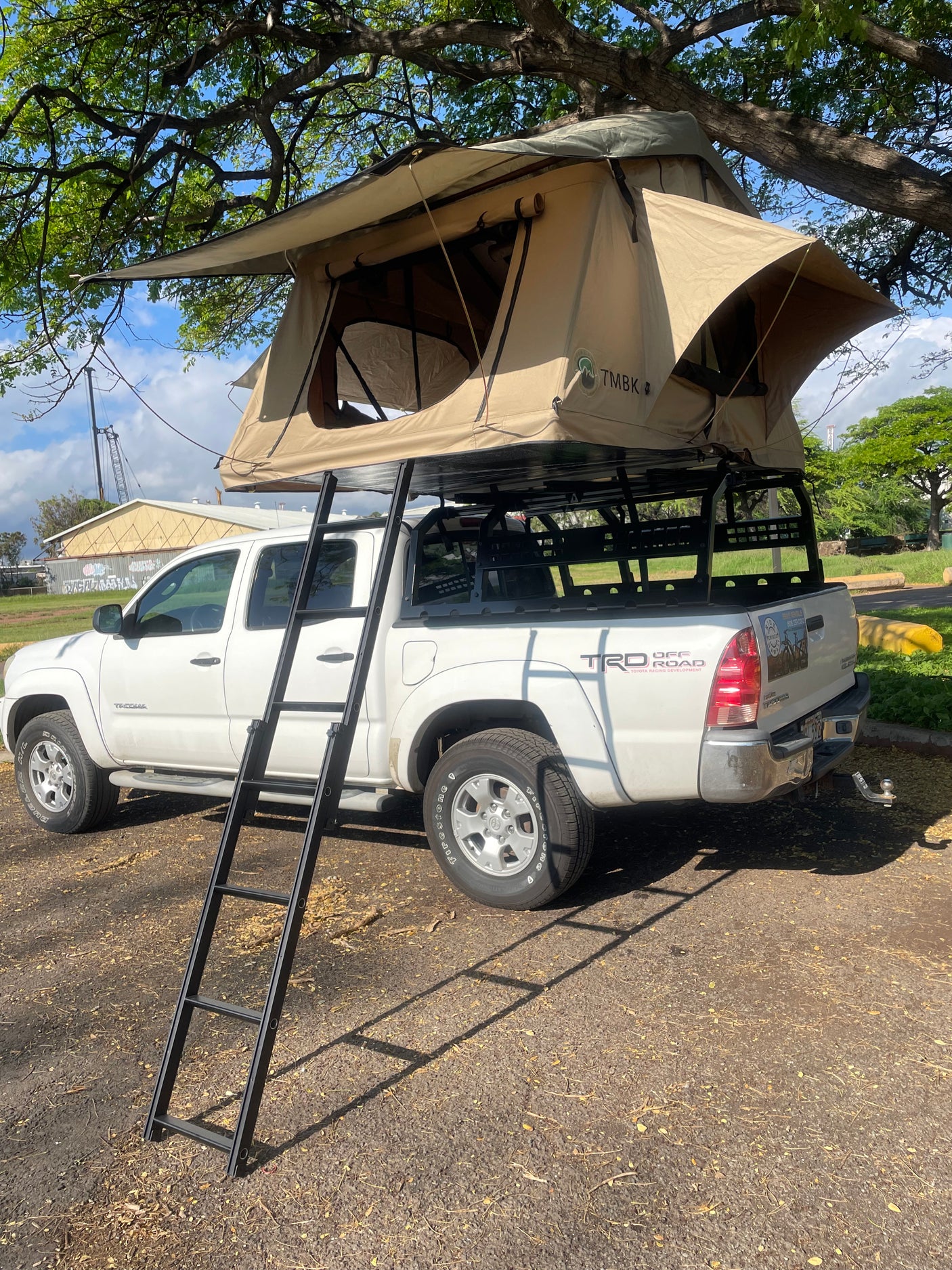 An `RV rental` white Toyota Tacoma with a tan rooftop tent and ladder, ready for truck camping adventures.