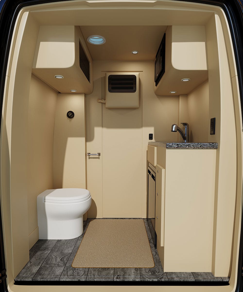 and luxury details.|Luxury RV rental interior: Plush cream seating