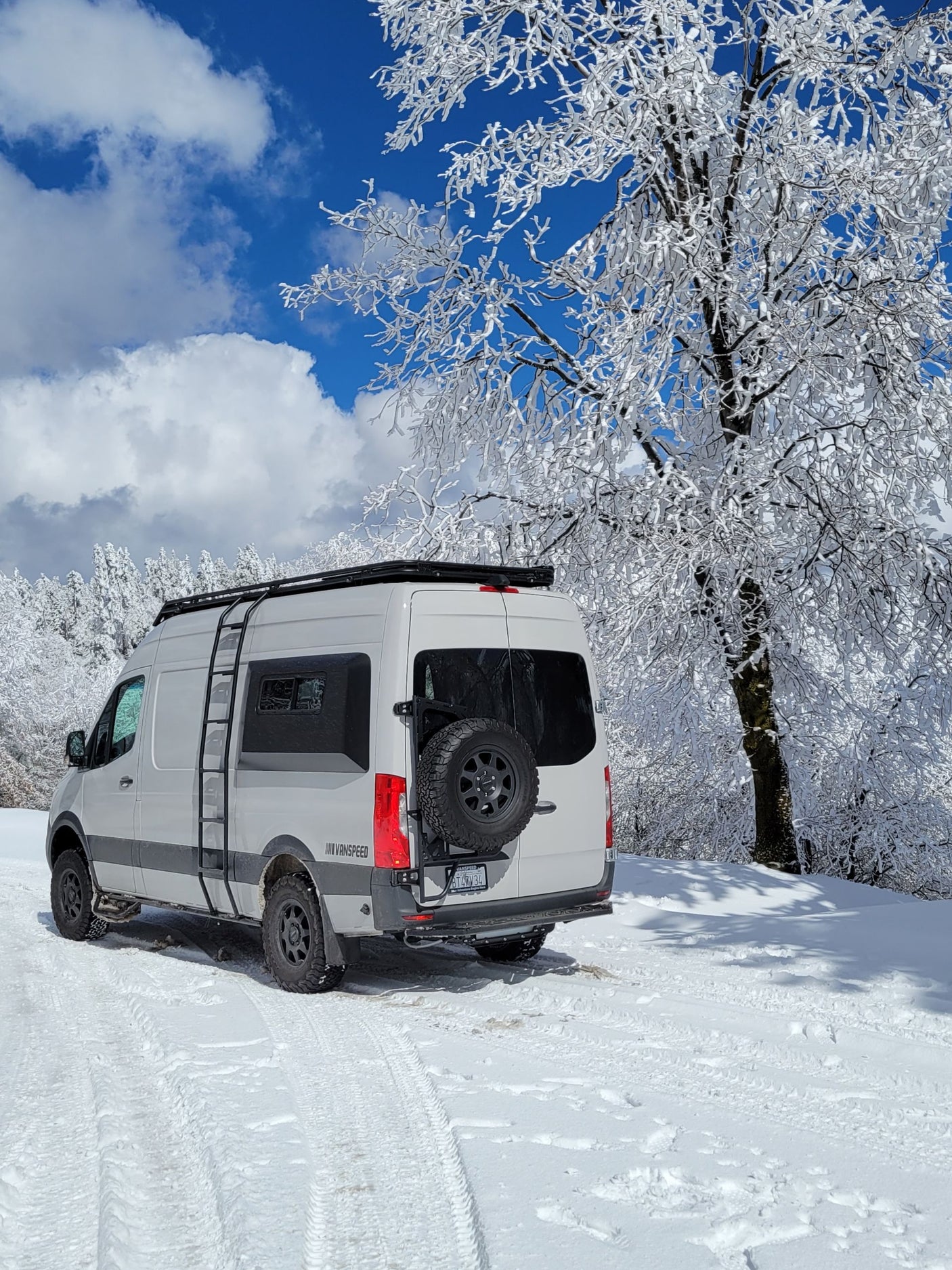 RV rental parked in a snowy landscape with frosted trees and blue sky. Ideal for winter adventure travel.
