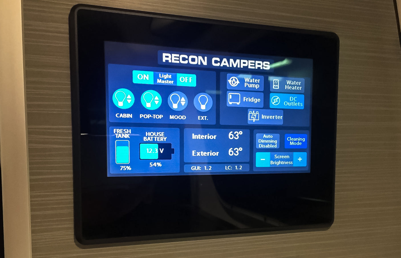 RV rental smart panel for monitoring and controlling cabin systems: lights, water, battery, and temp.