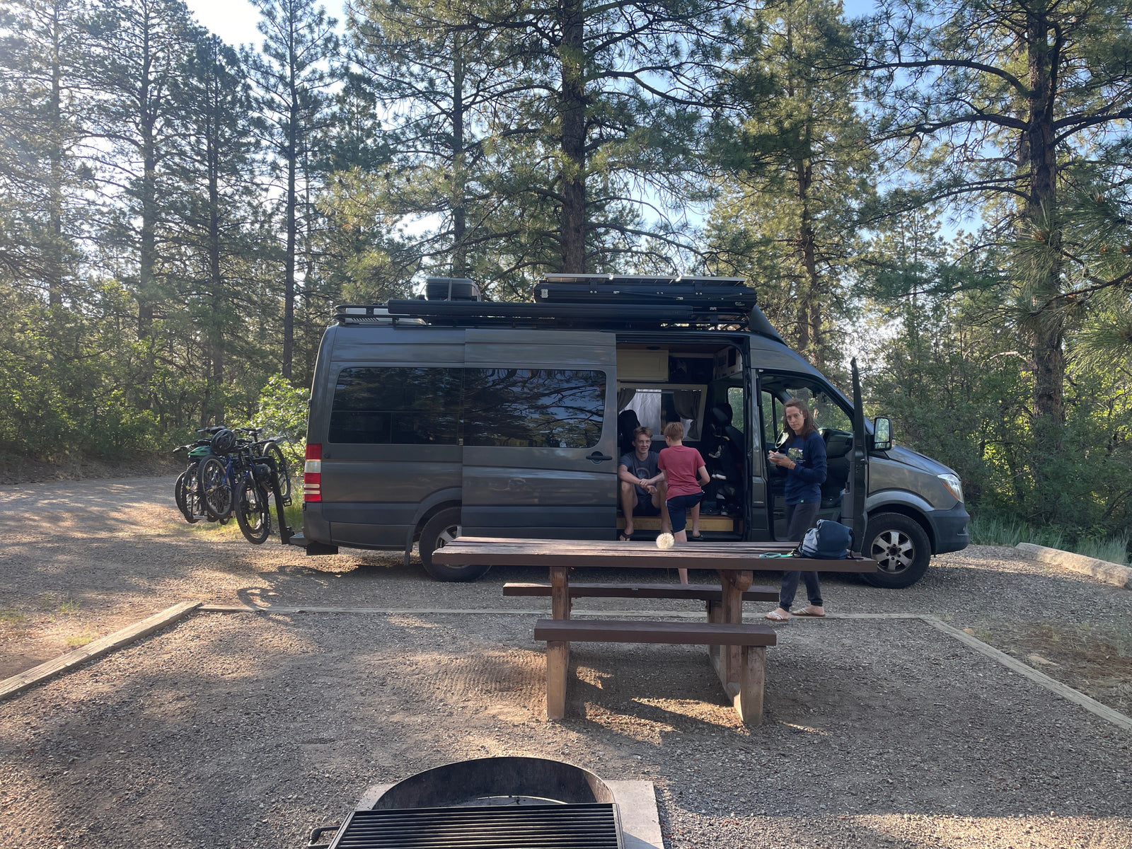 Grey RV rental van at a sunny campsite with family, bikes, picnic table, & fire pit in a pine forest.