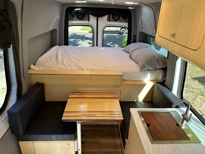 available for RV rental.|Customized white Mercedes-Benz Sprinter camper van for RV rental
