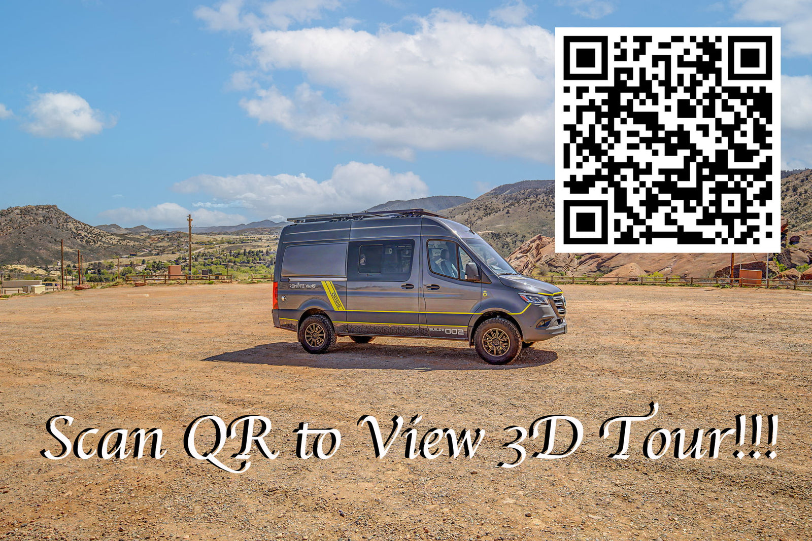 A gray RV rental camper van sits in a dirt lot with mountains. Scan the QR code for a 3D virtual tour of this adventure vehicle.
