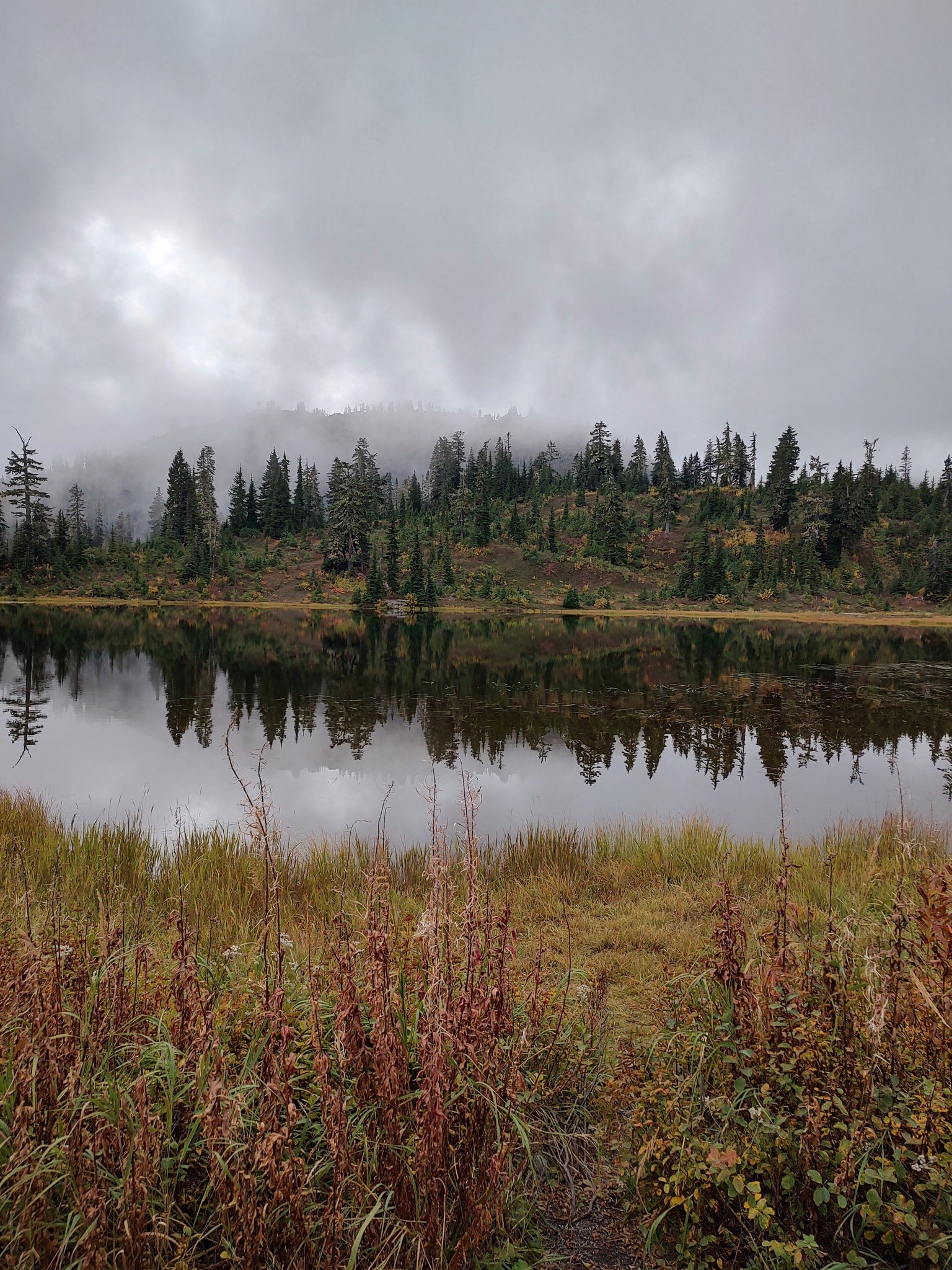 Explore tranquil misty forests & a reflective lake on your RV rental adventure. Autumn hues adorn the trees and foreground grasses.