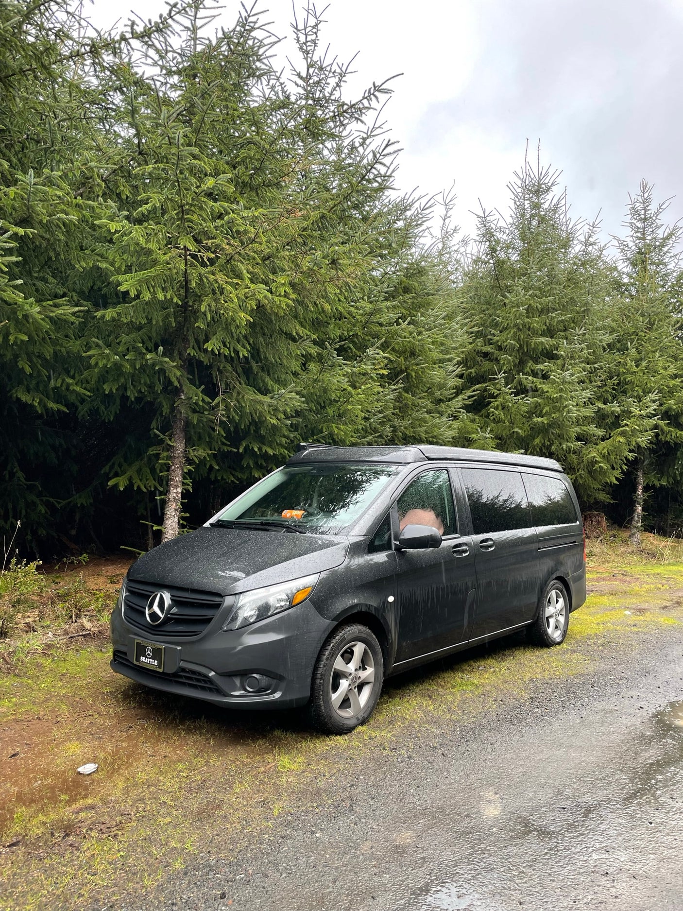 An RV rental adventure awaits! This Mercedes-Benz pop-top camper van is parked on a wet road by a dense forest.