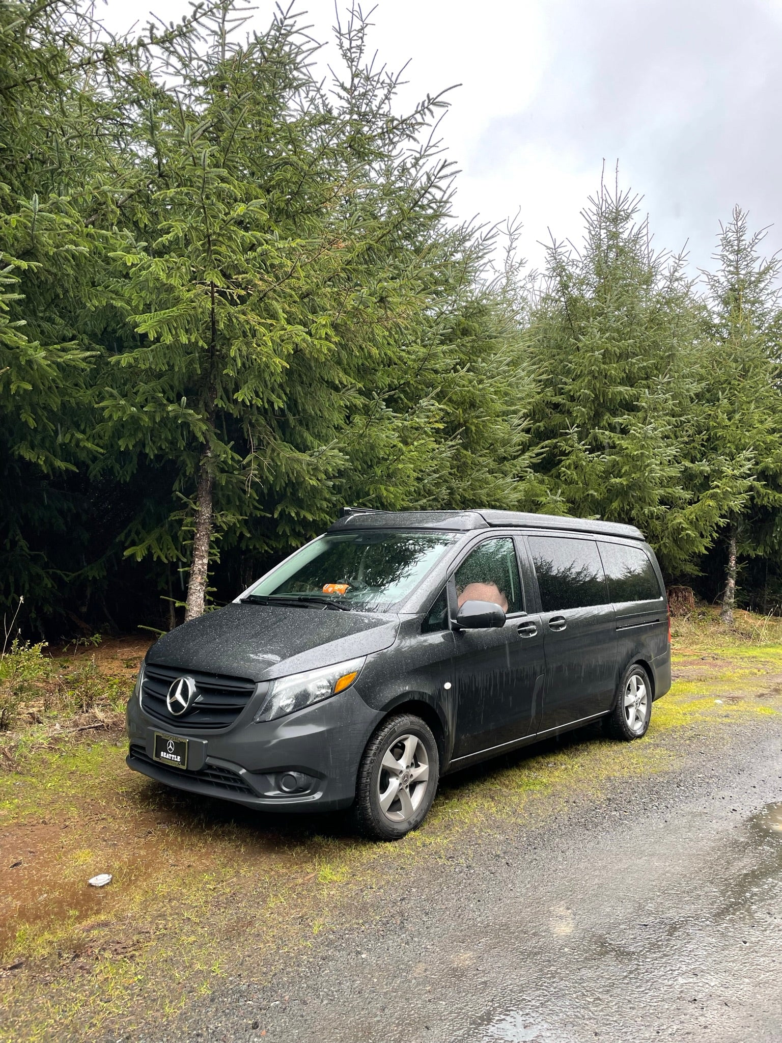 An RV rental adventure awaits! This Mercedes-Benz pop-top camper van is parked on a wet road by a dense forest.