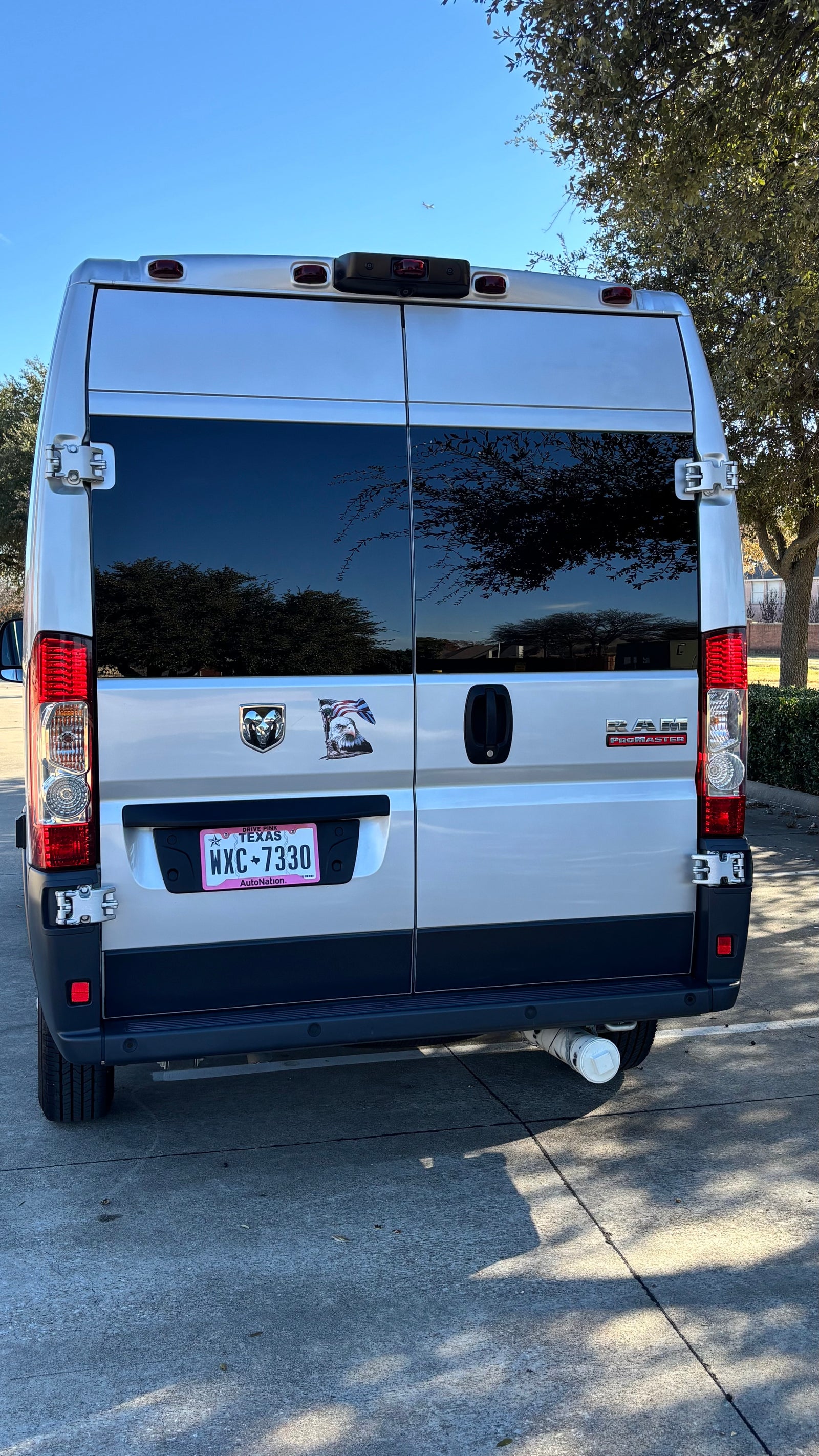 Rear of a silver Ram ProMaster van, typical for rv rental, showing its Texas plate, eagle decal, and undercarriage storage tube.