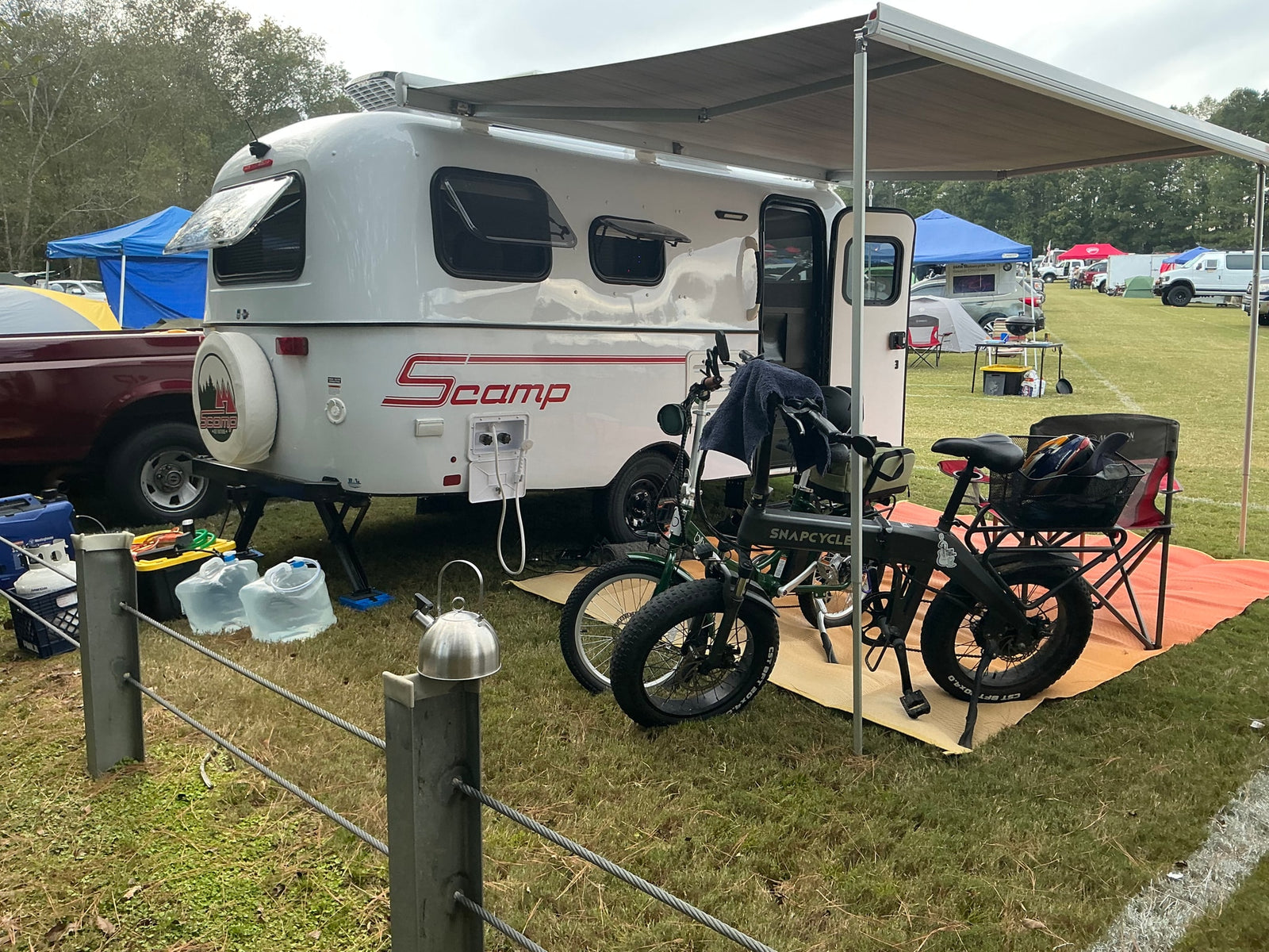 parked at Eveland's Scamp Trailers business.|Scamp travel trailer RV rental with extended awning