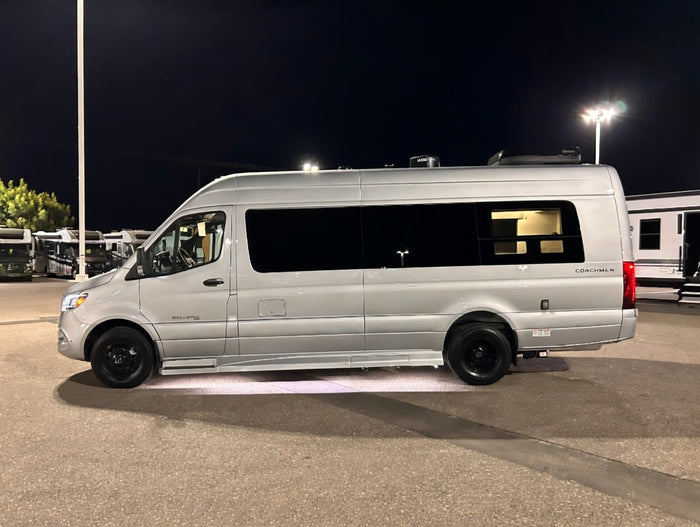 perfect for an RV rental. Illuminated at night with an awning and lighted steps.|Sleek