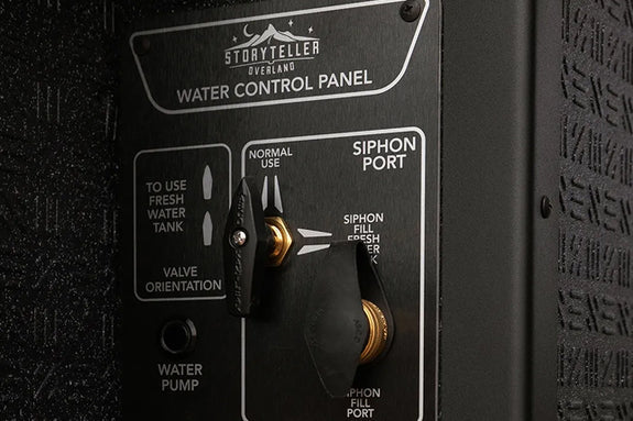 RV rental water control panel details options for fresh water tank use, normal flow, and siphoning via dual valve levers.