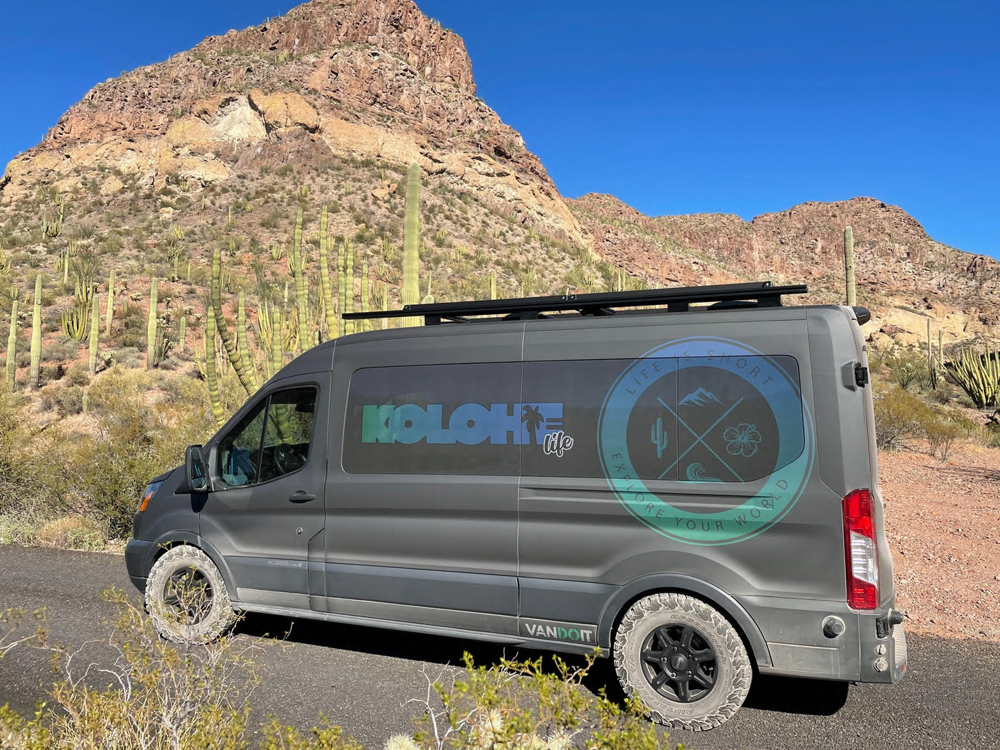 Gray RV rental camper van parked in a sunny desert with rocky mountains and tall cacti.
