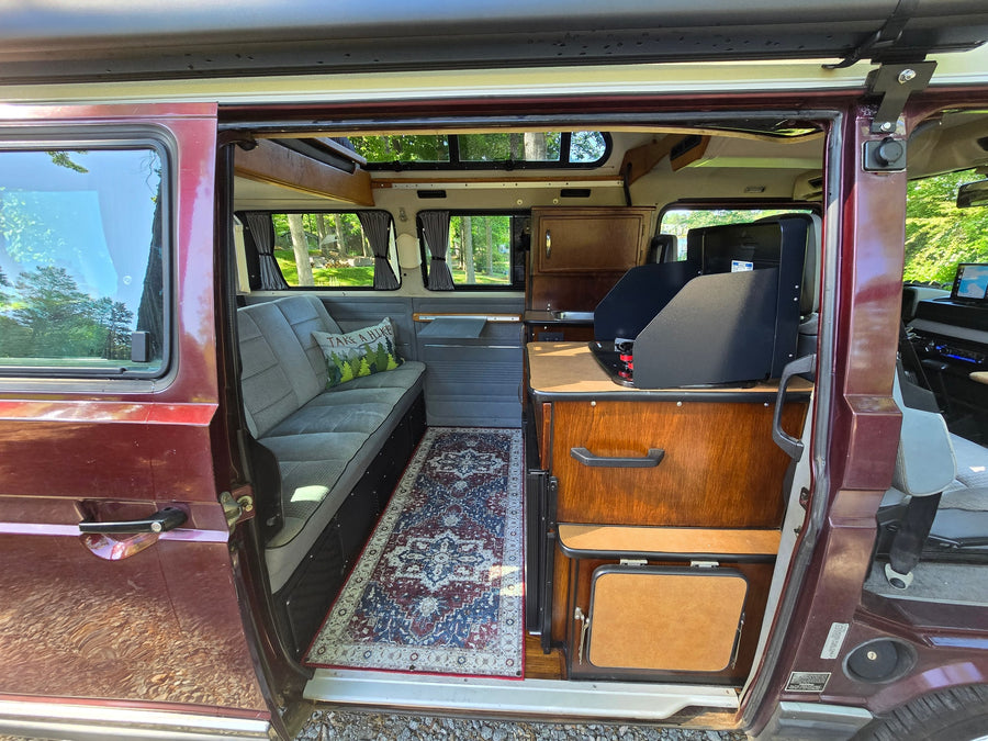 perfect for your next RV rental trip.|Inside a classic camper van: driver's view