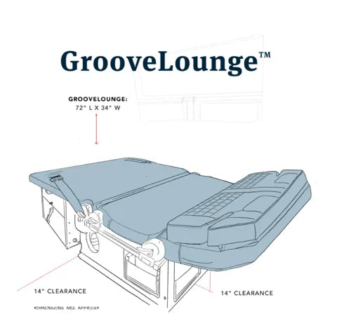 Diagram of GrooveLounge convertible RV bed, 72"x34" with 14" clearance, ideal for compact RV rental interiors.